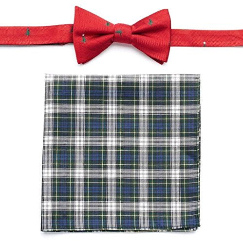 Izod Christmas Tree Tartan Pre-Tied Bow Tie and Pocket Square Set